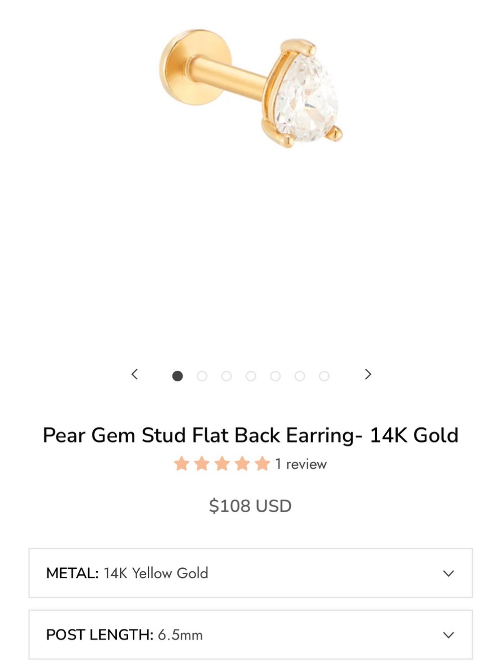 Musemond 14k Yellow Gold Lab Diamond Pear Screw In Flat Back Stud (Single)